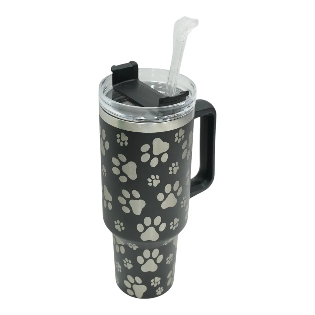 Black Paw Print Tumbler with Handle and Straw thumbnail 2