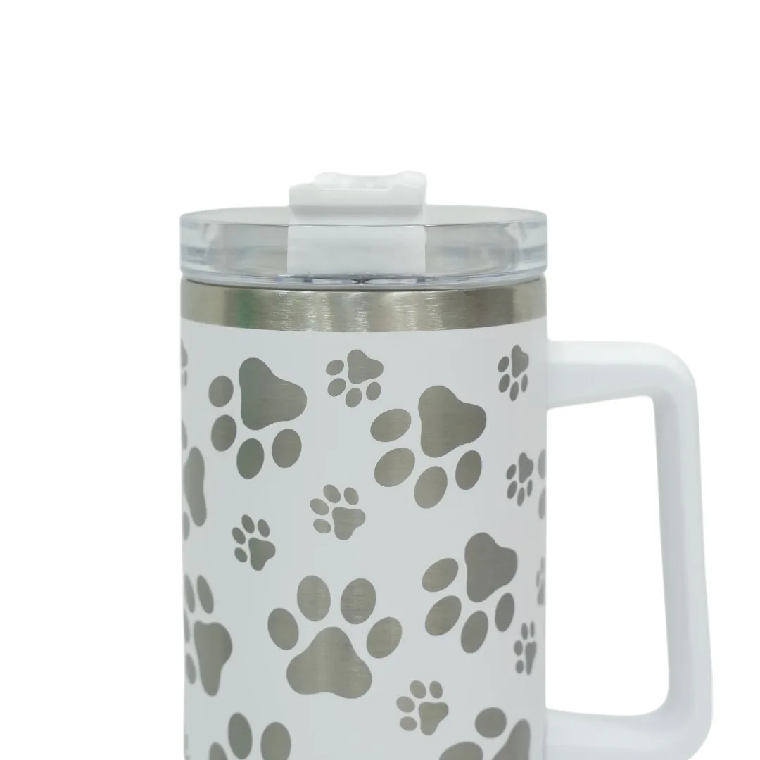 White Paw Print Tumbler with Handle and Straw thumbnail 3