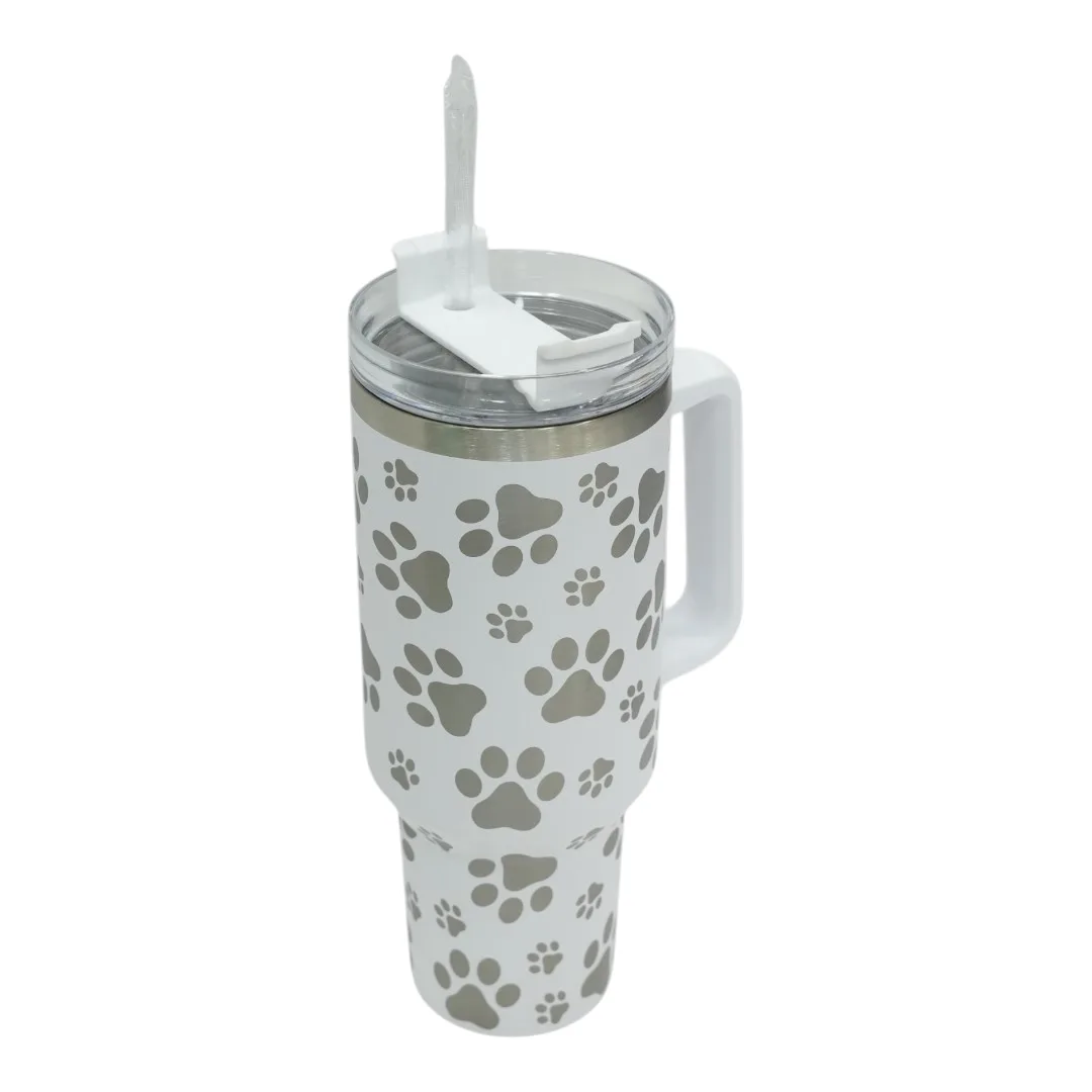 White Paw Print Tumbler with Handle and Straw thumbnail 2