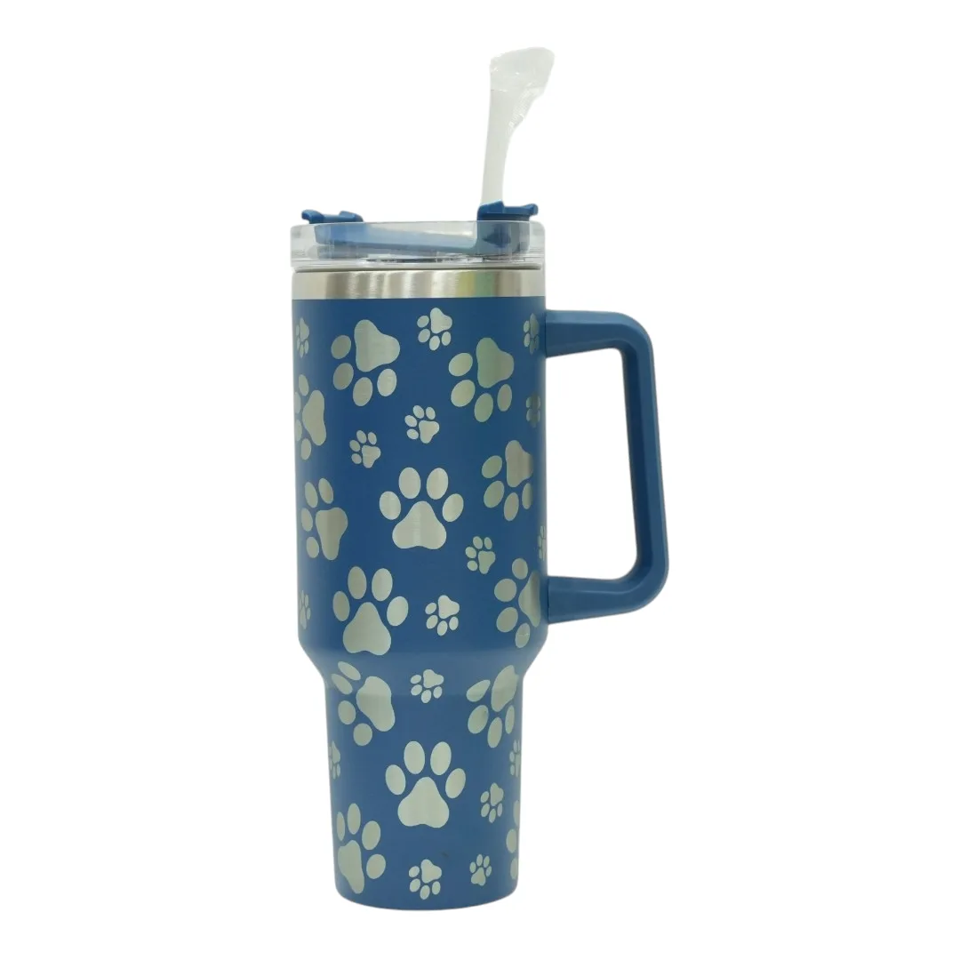 Blue Paw Print Tumbler with Silver Prints