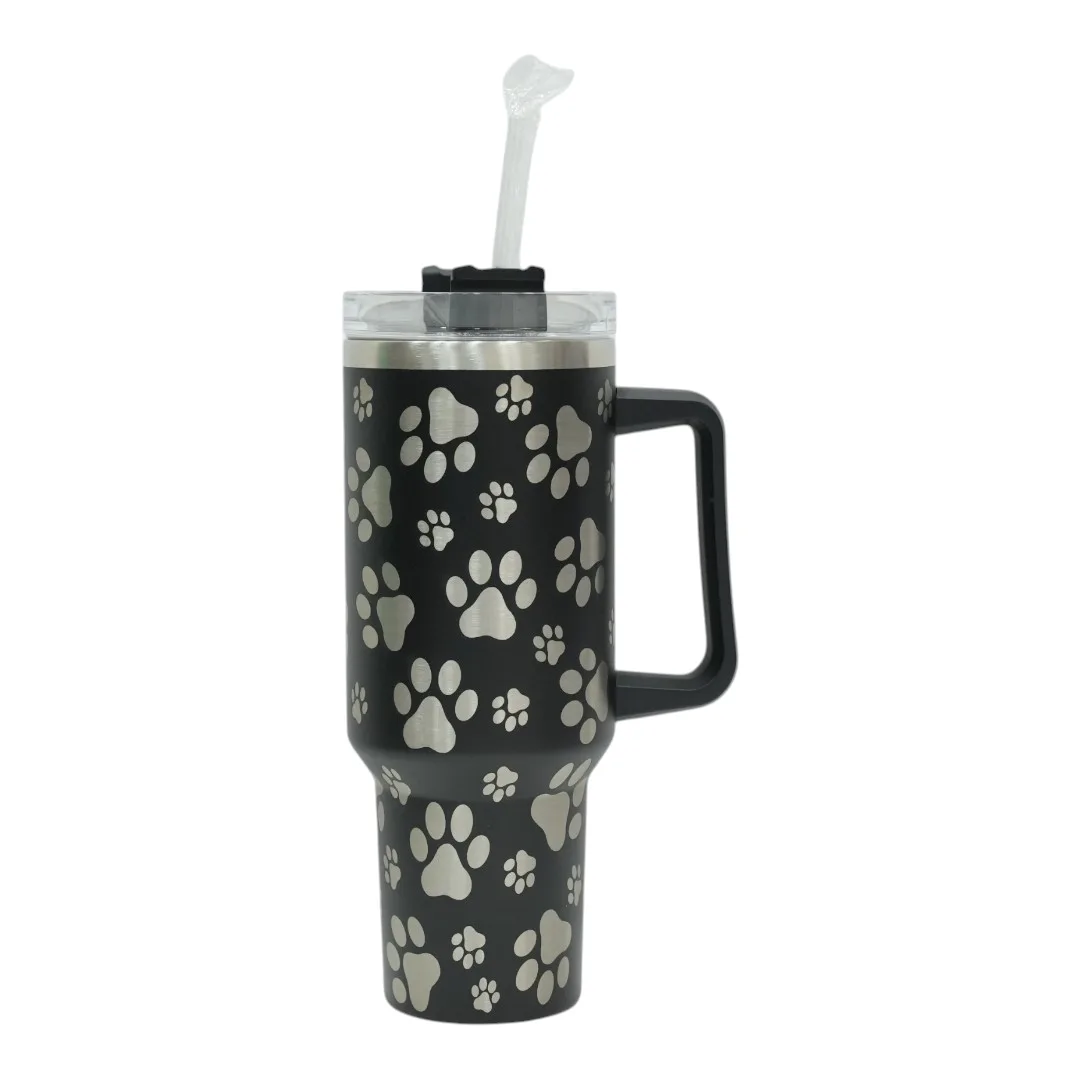 Black Paw Print Tumbler with Handle and Straw