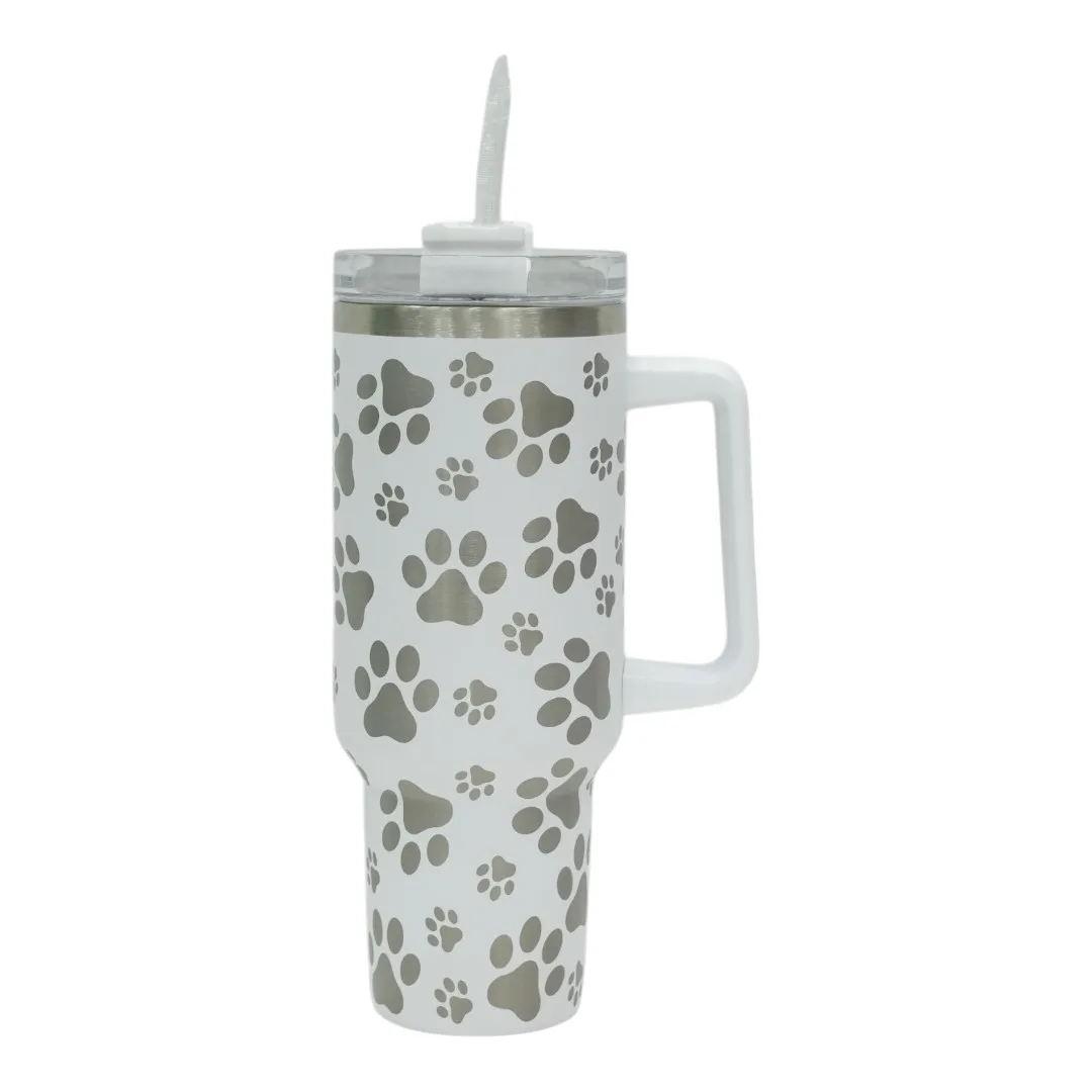 White Paw Print Tumbler with Handle and Straw